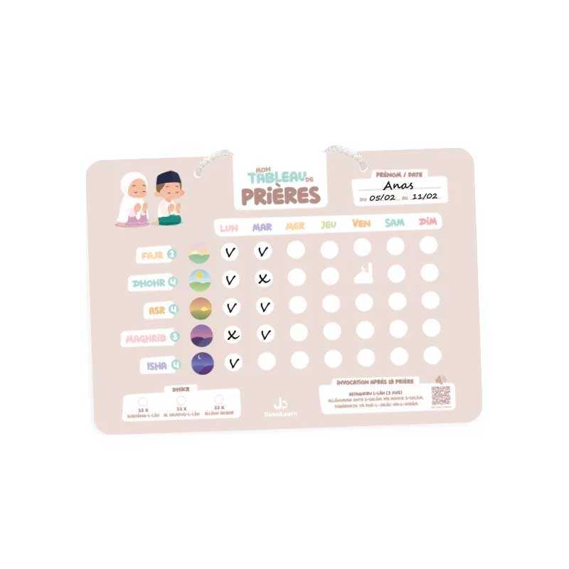 Mon tableau de prières - Pour un suivi hebdomadaire de mes 5 prières DeeniLearn Jeu Islam Beige 9782931241080 Librairie Musulmane Al-imen