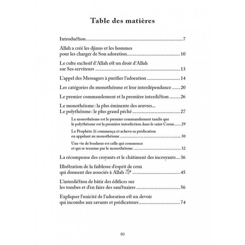 L'importance du Tawhid dans l'adoration - ‘Abd al-Muhsin al-‘Abbâd - table des matières