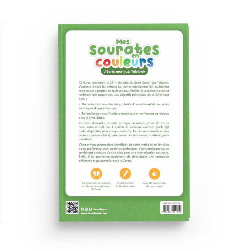 Mes sourates en couleurs - J'écris mon juz Tabarâk DeeniLearn Livre Islam Enfant 9782931241110 Librairie Musulmane Al-imen