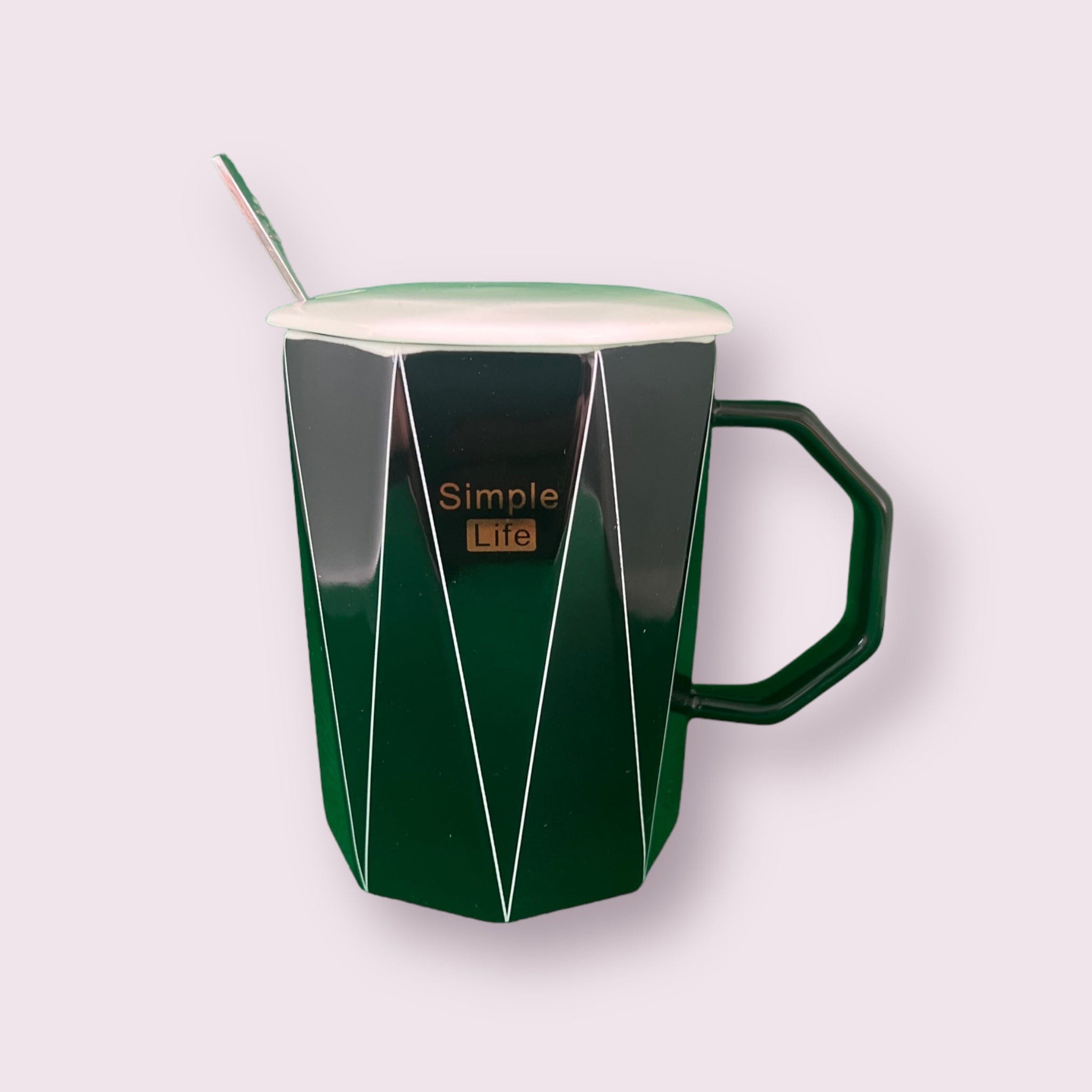 Tasse en céramique géométrique noire " Simple Life" avec cuillère en métal et couvercle céramique - Design moderne - 250 ml Al-imen Décoration 9782492025341 Librairie Musulmane Al-imen